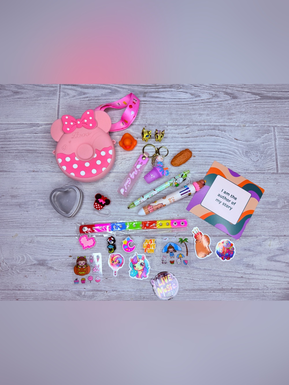 Minnie purse bundle , keychain , stickers , nugget pen , dragons , straw cover